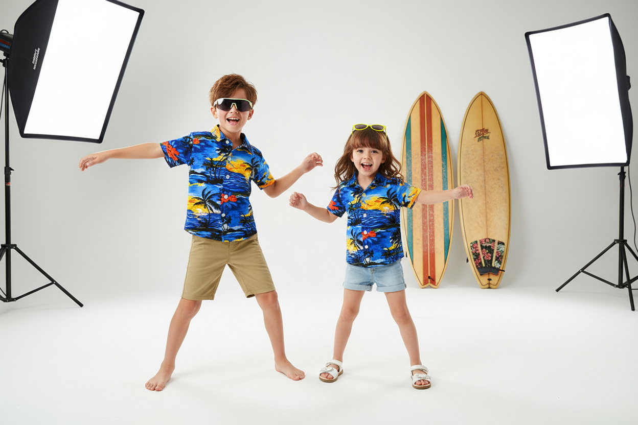 Child wearing light blue ultra-soft cotton summer shirt.
