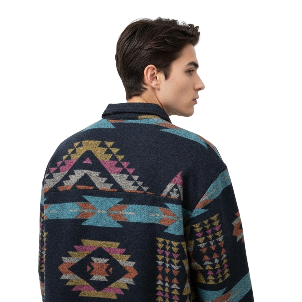 Person wearing a patterned sweater with a white background