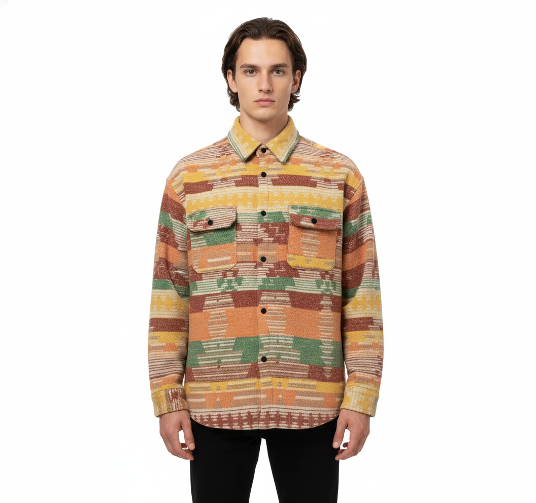 Man wearing a patterned shirt on a white background