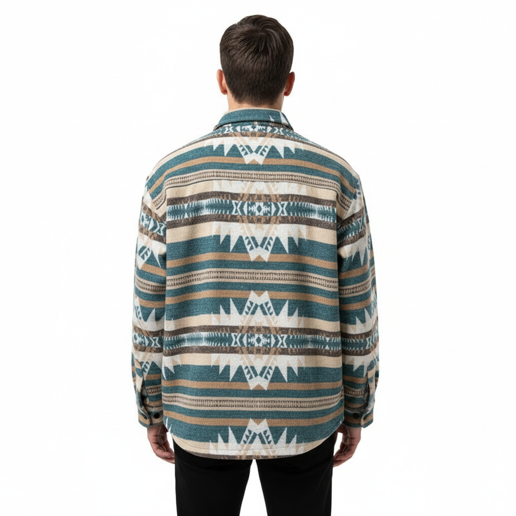 Person wearing a patterned shirt on a white background