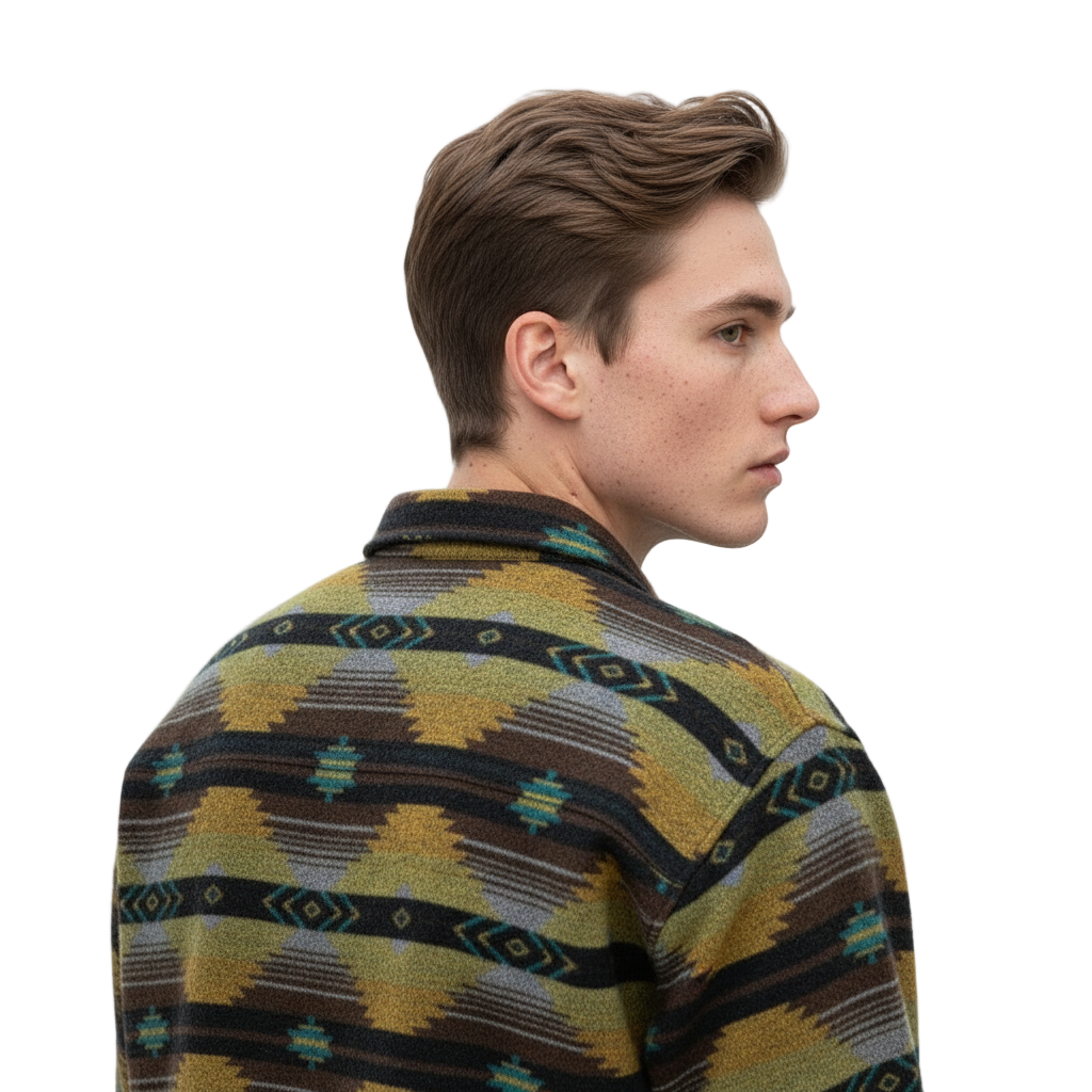 Man wearing a patterned sweater against a plain background