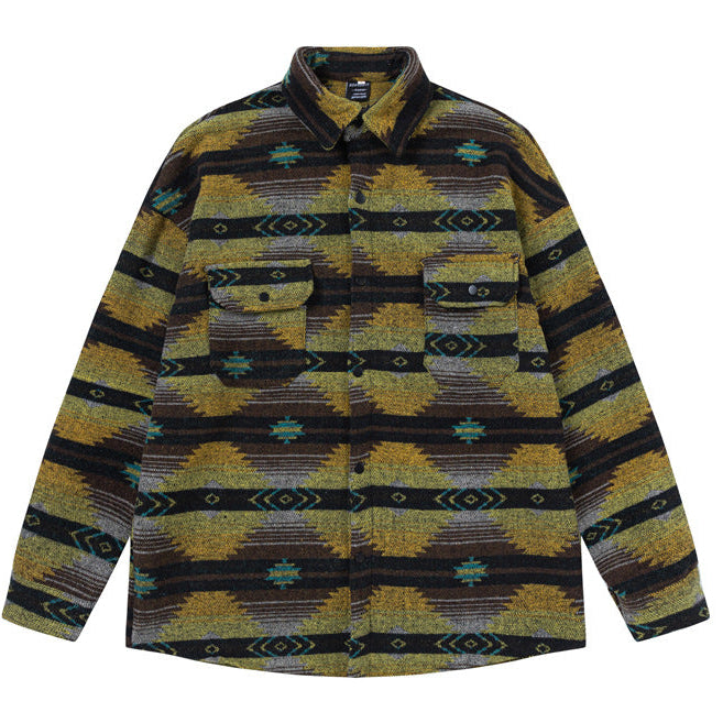 Patterned shirt with a geometric design on a white background