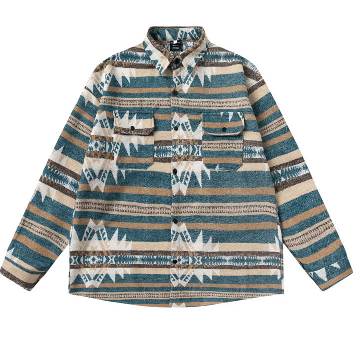 Flannel shirt with tribal pattern on a white background