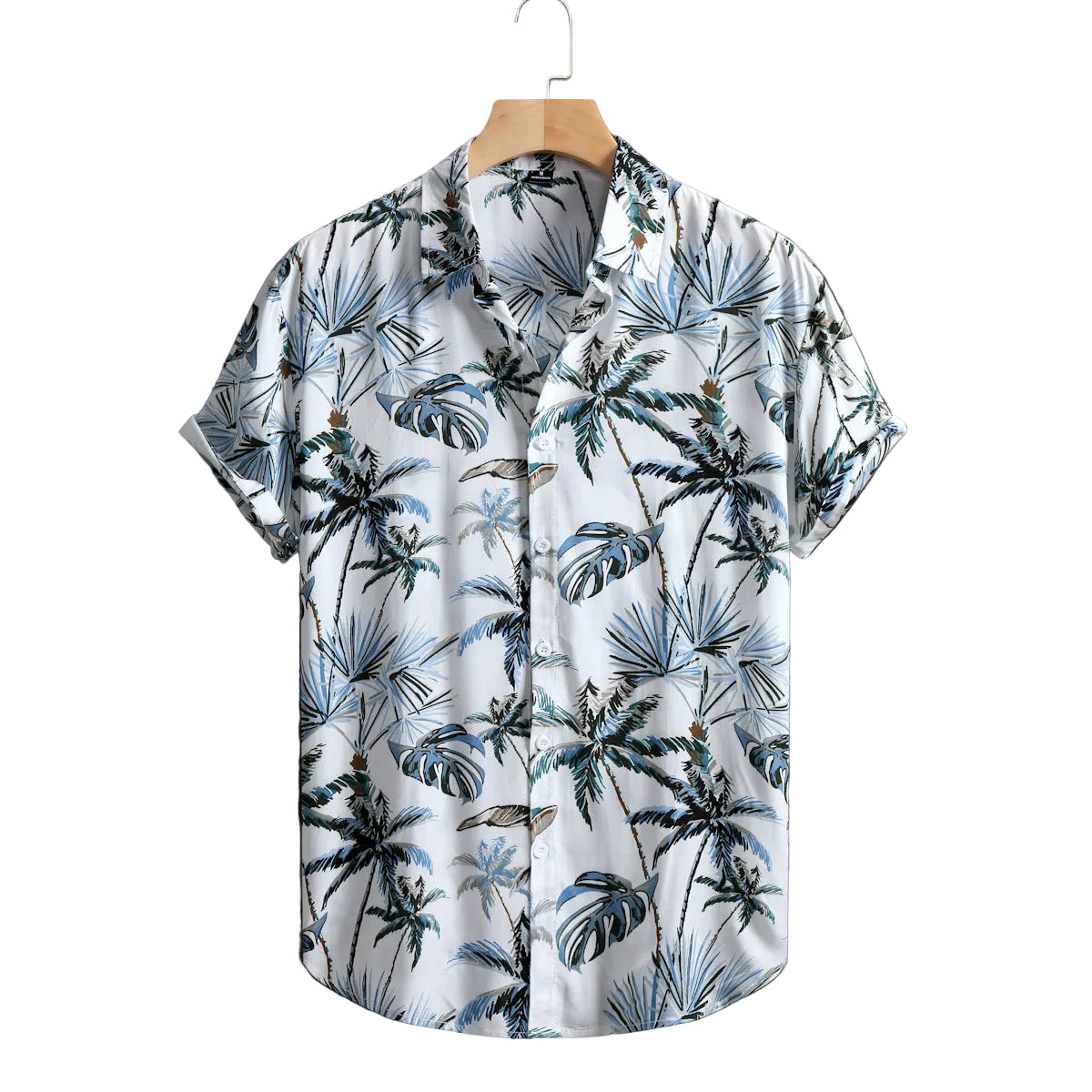 Short-sleeve shirt with tropical leaf pattern on a hanger against a white background