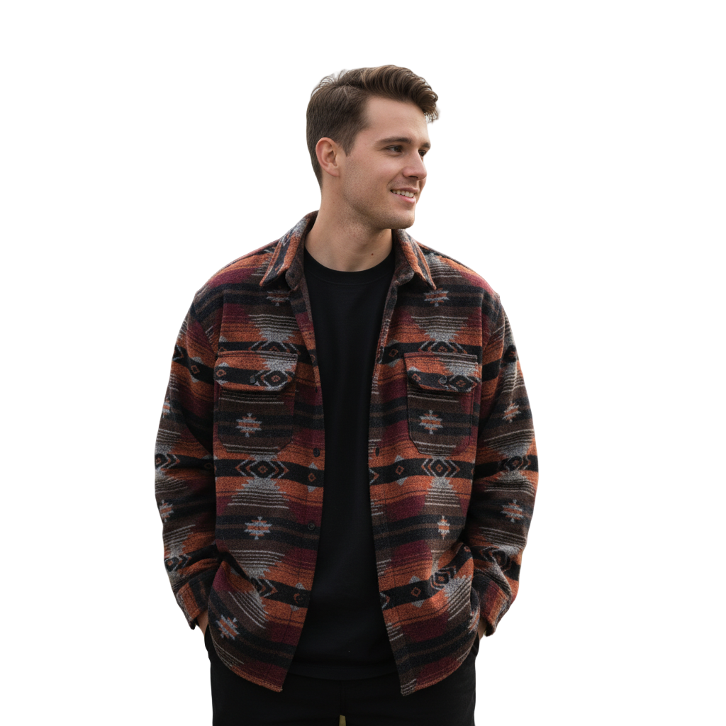 Man wearing a patterned jacket on a white background