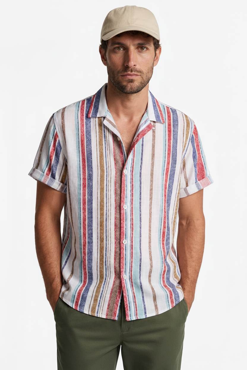 A man wearing a short-sleeve button-up shirt with vertical multicolor stripes in red, blue, beige, and white, paired with a beige baseball cap and olive green pants, against a plain white background.